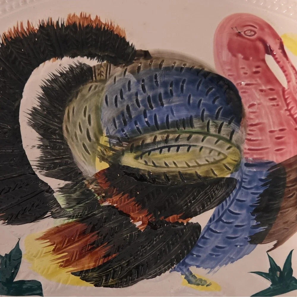 Hand Painted Ceramic Turkey Oval Platter Decorative Thanksgiving Birds Theme